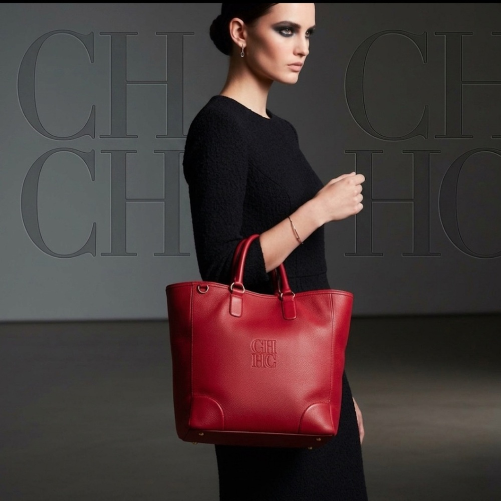 Authentic Carolina Herrera luxury designer signature large leather tote bag